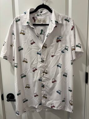 Men's White Short-Sleeve Button-Up Shirt with Colorful Golf Cart Print